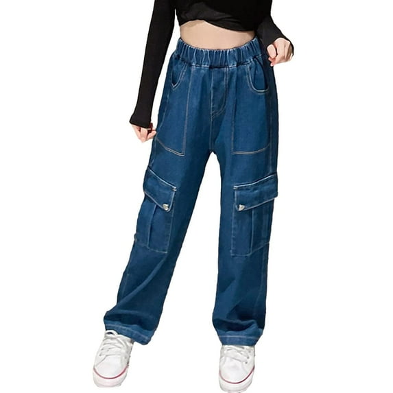 Girls Jeans Casual Wide Leg Denim Pants Casual Pocket Pants for Teen Girls 5-14 Years