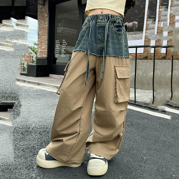 Girls Baggy Jeans Wide Leg Jeans for Girls Elastic High Waisted Denim Cargo Pants with Pocket Girls Summer Clothes 12-13 Years