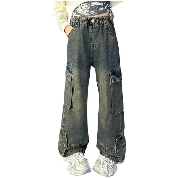 Kids Girls Denim Cargo Pants Casual Baggy Wide Leg Jeans High Waist Floor Length Jeans with Pockets