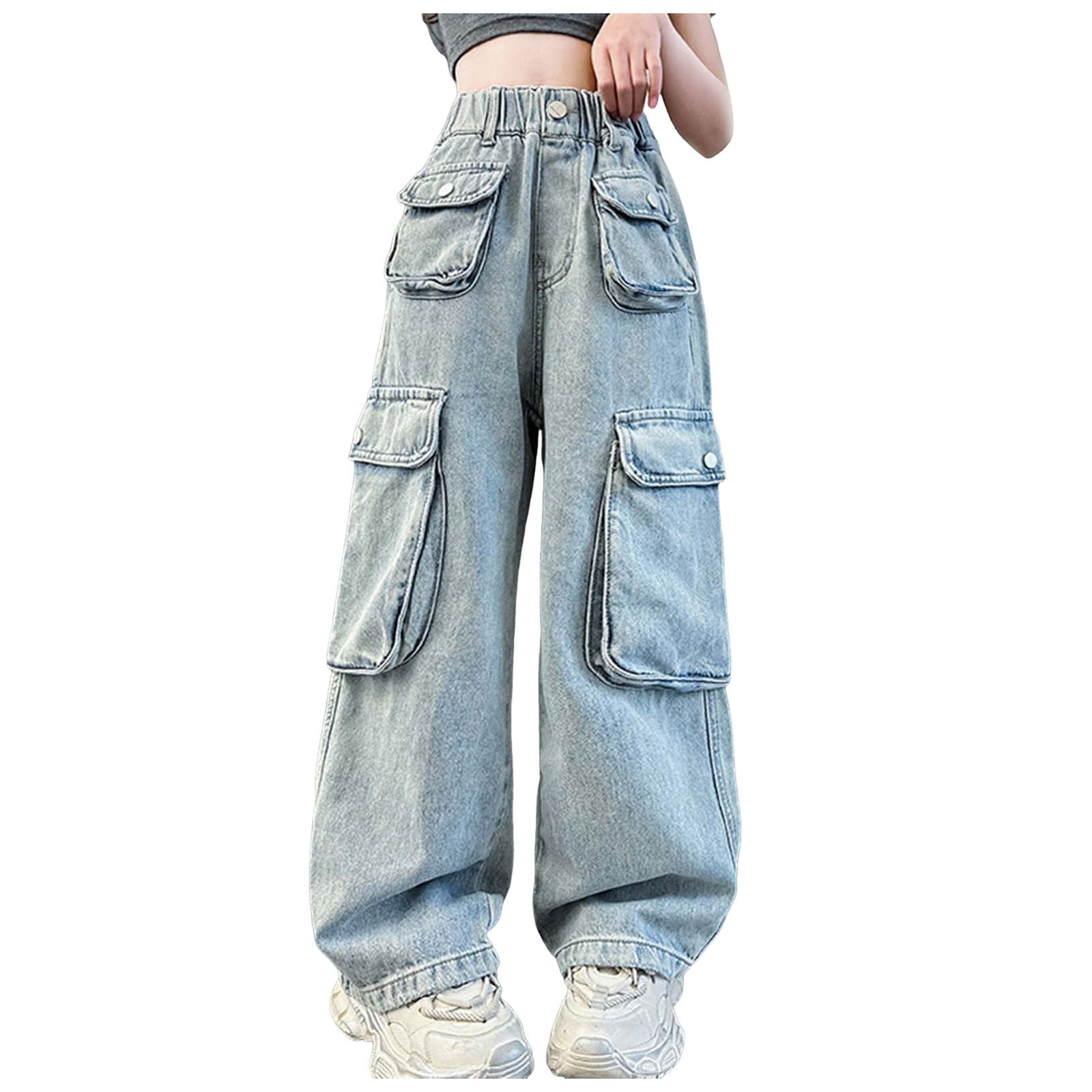 Girls Baggy Jeans Y2k Cargo Pants Distressed Elastic High