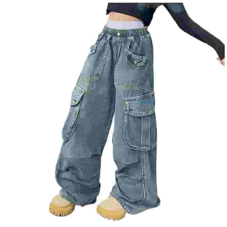 Girls Baggy Jeans Y2k Cargo Pants Distressed Elastic High Girls Baggy Jeans Y2k Cargo Pants Distressed Elastic High