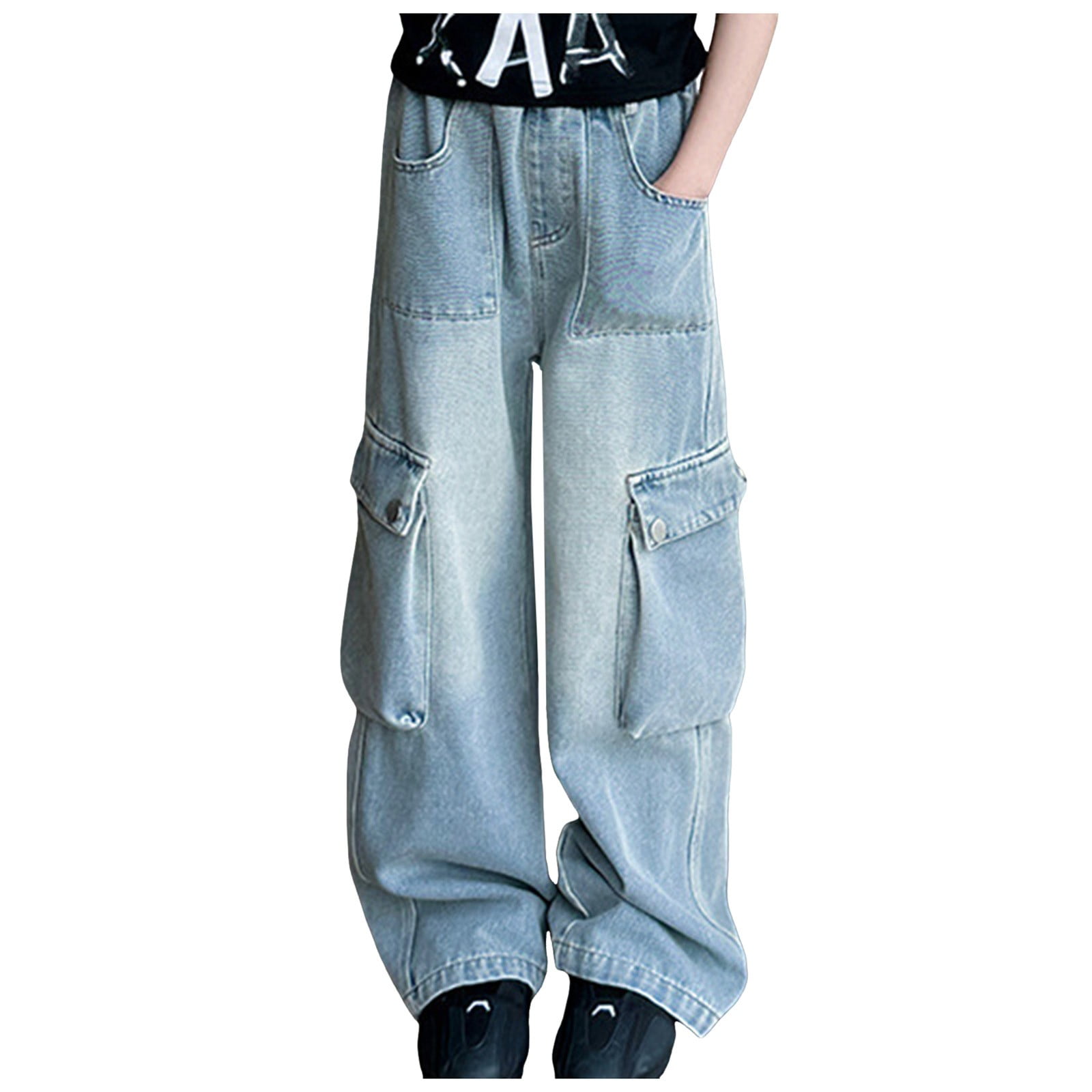 Girls Baggy Jeans Y2k Cargo Pants Distressed Elastic High