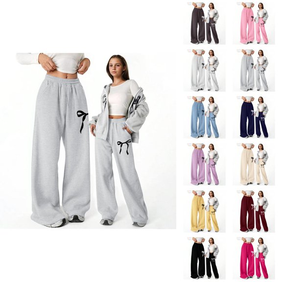 Girls Baggy Pants 2025 Casual Cute Bow Printed Elastic Waist Straight Leg Lightweight Sweatpants with Pockets
