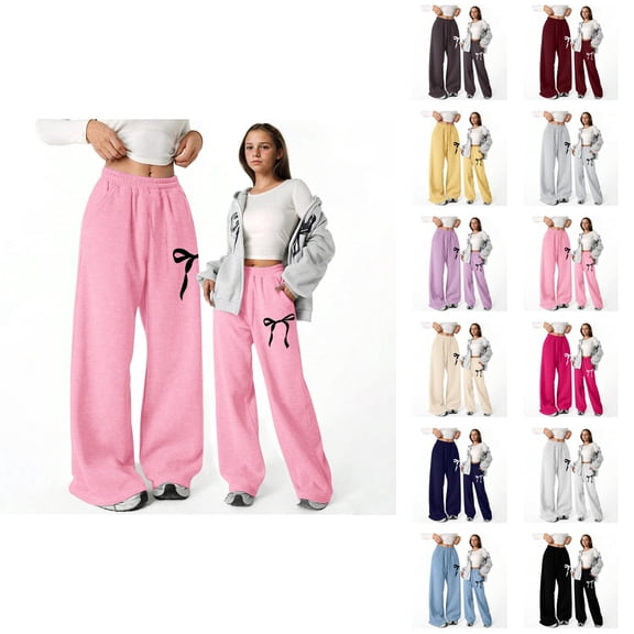 Girls Baggy Pants 2026 Casual Elastic Waist Cute Bow Printed Straight Leg Lightweight Sweatpants with Pockets