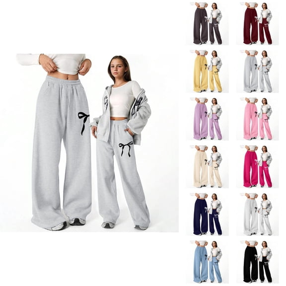 Girls Baggy Pants 2026 Casual Elastic Waist Cute Bow Printed Straight Leg Lightweight Sweatpants with Pockets