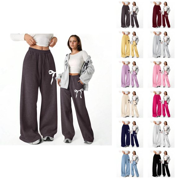 Girls Baggy Pants 2026 Casual Elastic Waist Cute Bow Printed Straight Leg Lightweight Sweatpants with Pockets