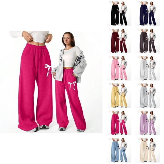 Girls Baggy Pants 2026 Fashion Cute Bow Graphic Elastic Waist Straight Leg Lightweight Sweatpants with Pockets