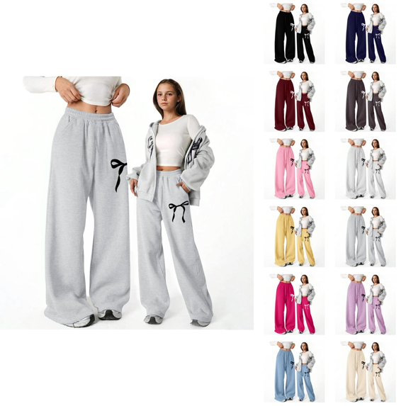 Girls Baggy Pants 2026 Fashion Cute Bow Graphic Elastic Waist Straight Leg Lightweight Sweatpants with Pockets