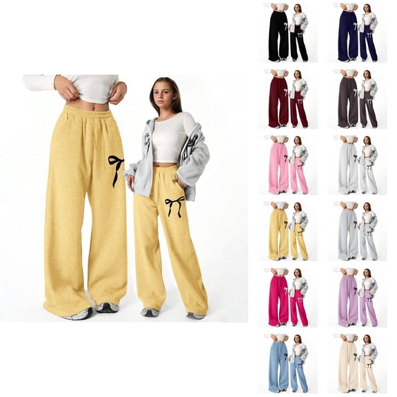 Girls Baggy Pants 2026 Fashion Cute Bow Graphic Elastic Waist Straight Leg Lightweight Sweatpants with Pockets