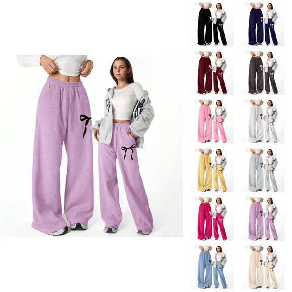 Girls Baggy Pants 2026 Fashion Cute Bow Graphic Elastic Waist Straight Leg Lightweight Sweatpants with Pockets