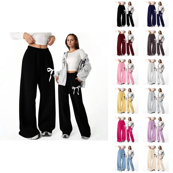Girls Baggy Pants 2026 Fashion Cute Bow Graphic Elastic Waist Straight Leg Lightweight Sweatpants with Pockets