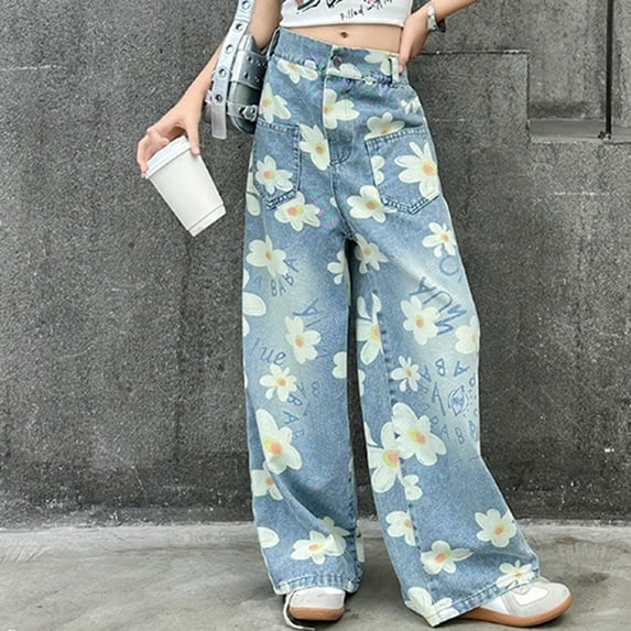 Girls Baggy Plain Pants Lightweight Elastic Waist Wide Leg Joggers Loose Preppy Pants Kids Athletic Solid Trouser Baggy Jeans For Girls Elastic