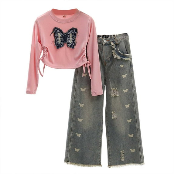 Girls Baggy Straight Jeans Wide Leg Ripped Distressed Streetwear Denim Pants Elastic High Waisted Baggy Denim Trousers