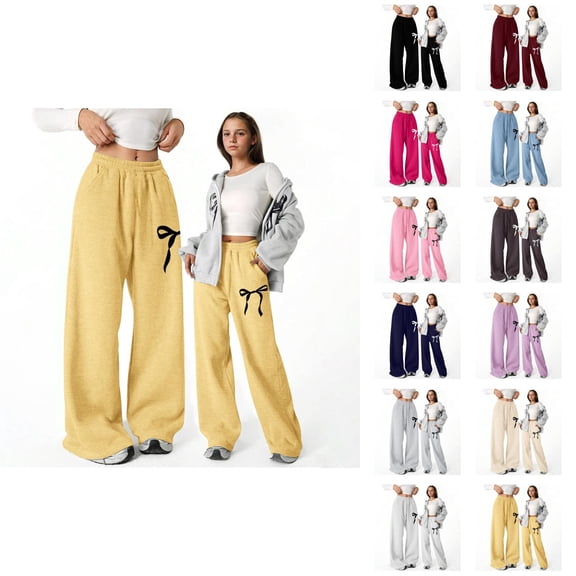 Girls Baggy Sweatpants 2026 Casual Elastic Waist Cute Bow Graphic Straight Leg Lightweight Sweatpants with Pockets