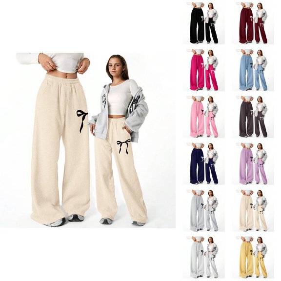 Girls Baggy Sweatpants 2026 Casual Elastic Waist Cute Bow Graphic Straight Leg Lightweight Sweatpants with Pockets