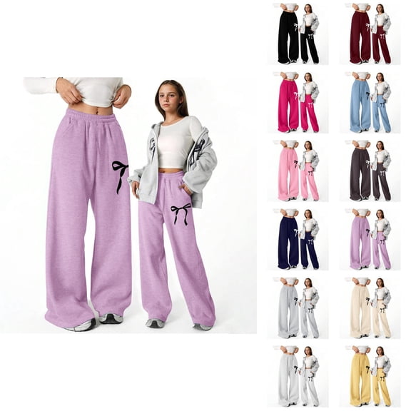 Girls Baggy Sweatpants 2026 Casual Elastic Waist Cute Bow Graphic Straight Leg Lightweight Sweatpants with Pockets