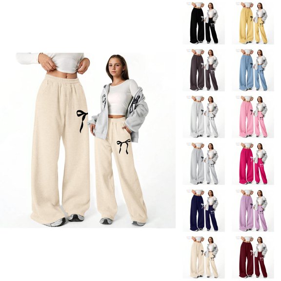 Girls Baggy Sweatpants 2026 Fashion Elastic Waist Cute Bow Printed Lightweight Straight Leg Sweatpants with Pockets