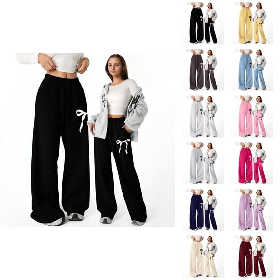 Girls Baggy Sweatpants 2026 Fashion Elastic Waist Cute Bow Printed Lightweight Straight Leg Sweatpants with Pockets