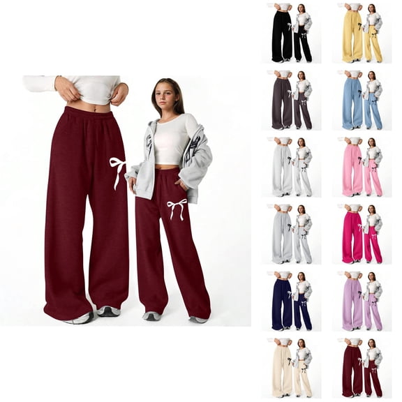 Girls Baggy Sweatpants 2026 Fashion Elastic Waist Cute Bow Printed Lightweight Straight Leg Sweatpants with Pockets