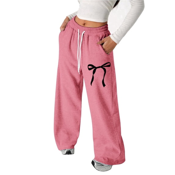 Girls Baggy Sweatpants Bow Straight Leg Lightweight Drawstring Pants with Pockets Spring Casual 4-16 Years Watermelon Red 150