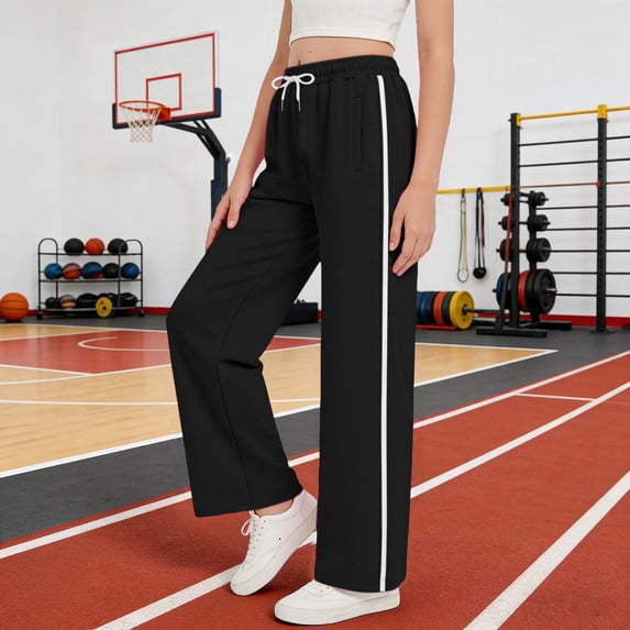 Girls Baggy Sweatpants Straight Leg Drawstring Athletic Pants Elastic Waist Striped Joggers Loose Soft Stretchy Trousers
