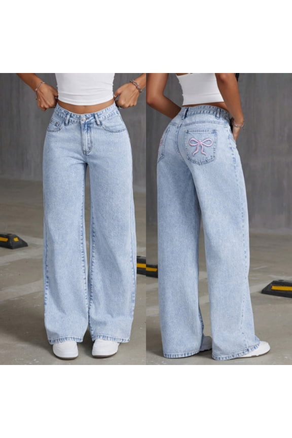 Girls Baggy Wide Leg Jeans 8-14 Years, Cute Bow Embroidery Elastic Waist Denim Pants with Zipper Fly, Y2K Streetwear Cute Baggy Jeans for Teen Girls