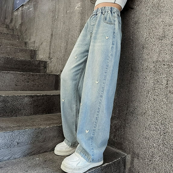 Girls Baggy Wide Leg Jeans Elastic Waist Straight Denim Pants Teen Streetwear Y2k Casual Loose Trendy Trouser Clothes Girls Pants Size 10-12 Jeans