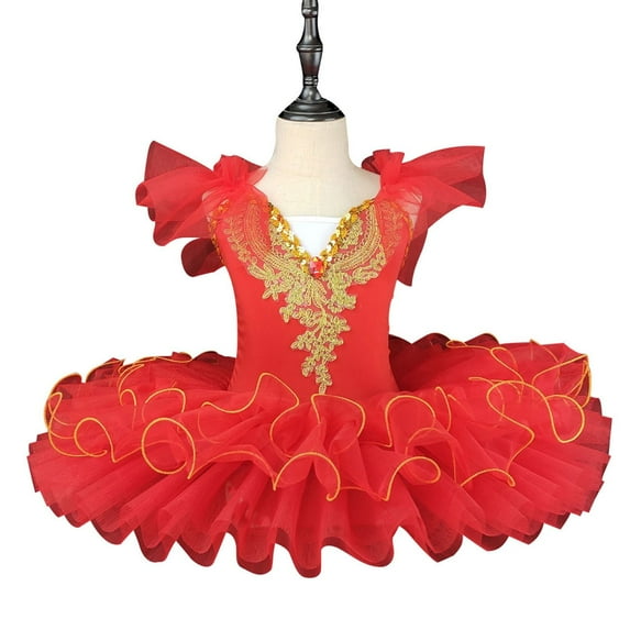 Girls Ballet Dance Costumes Dresses Size 0-12 Toddlers Kids Trendy Ruffle Sleeve V Neck Tulle-Tutu Color-Block Slim-Fit Performance Dress