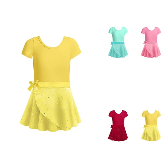 Girls Ballet Dance Dress with Heart Design & Removable Skirt – Two-Piece Short Sleeve Leotard Outfit with Ruffle Sleeves for Gymnastics, Practice & Performance, Ages 2-12 Years