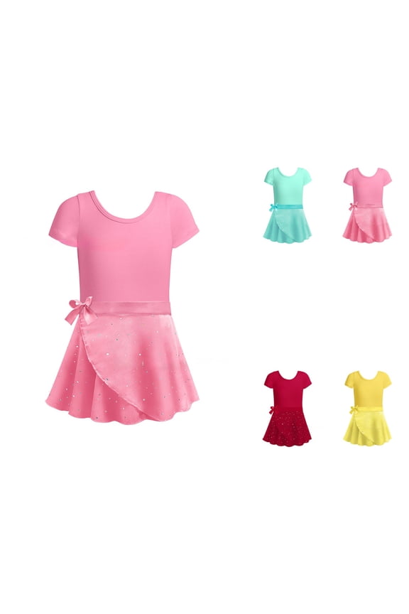 Girls Ballet Dance Dress with Heart Design & Removable Skirt – Two-Piece Short Sleeve Leotard Outfit with Ruffle Sleeves for Gymnastics, Practice & Performance, Ages 2-12 Years