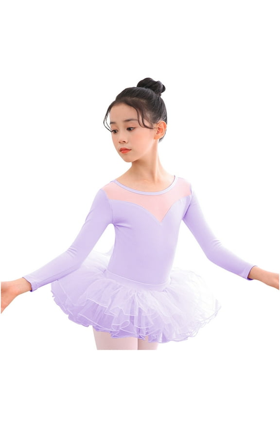 Girls Ballet Dress Kids Gymnastics Dance Costume Tutu Tulle Skirt Baby Girls Children's Dance Clothes Summer Long Sleeves Training Clothes Ballet One-piece Performance Clothes Skirt Set 8-9 Years