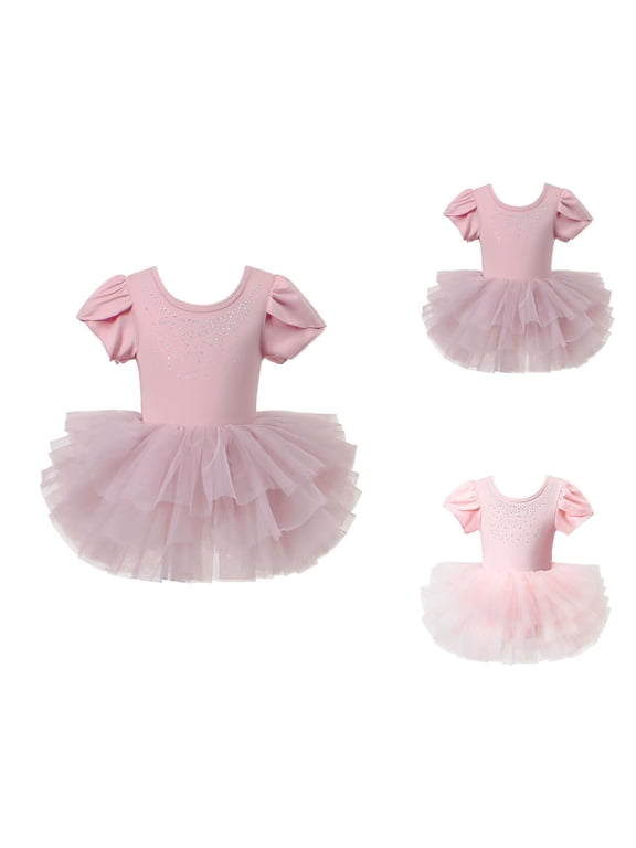 Girls Ballet Dress with Mesh Skirt and Rhinestone Back, Short Sleeve Tutu Leotard with Snap Closure, Criss-Cross Glitter Ballerina Outfit for Dance Performance & Party 1-7 Years