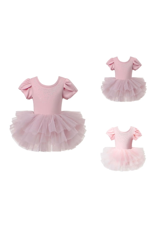 Girls Ballet Dress with Mesh Skirt and Rhinestone Back, Short Sleeve Tutu Leotard with Snap Closure, Criss-Cross Glitter Ballerina Outfit for Dance Performance & Party 1-7 Years