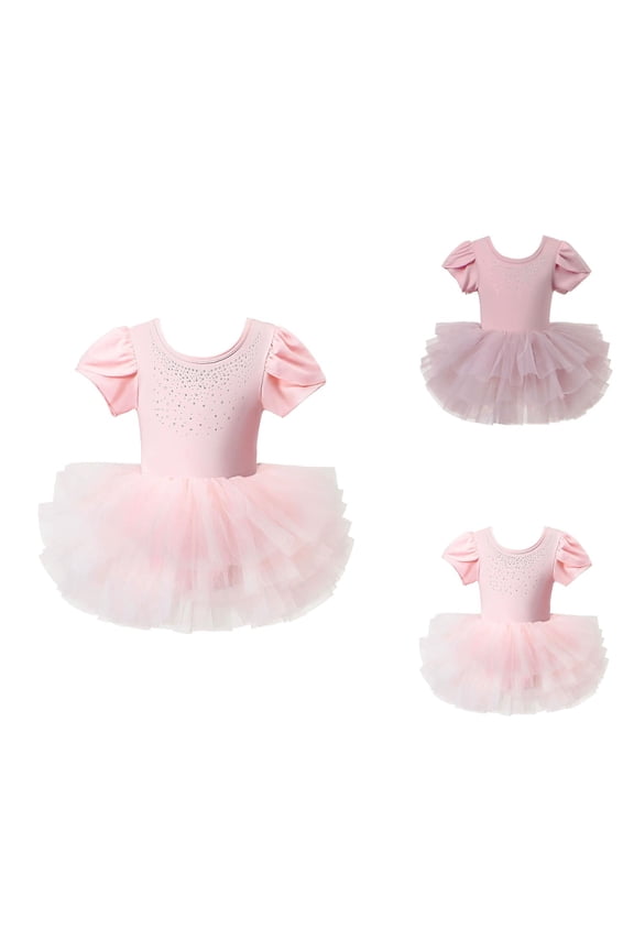 Girls Ballet Dress with Mesh Skirt and Rhinestone Back, Short Sleeve Tutu Leotard with Snap Closure, Criss-Cross Glitter Ballerina Outfit for Dance Performance & Party 1-7 Years