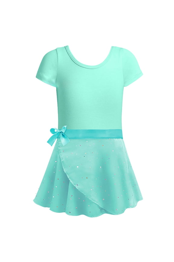 Girls' Ballet Dress Two-Piece Dance Outfit for Practice and Performance, Short Sleeve Leotard and Skirt Set for Recitals, Apparel for Junior Dancers,Green 110