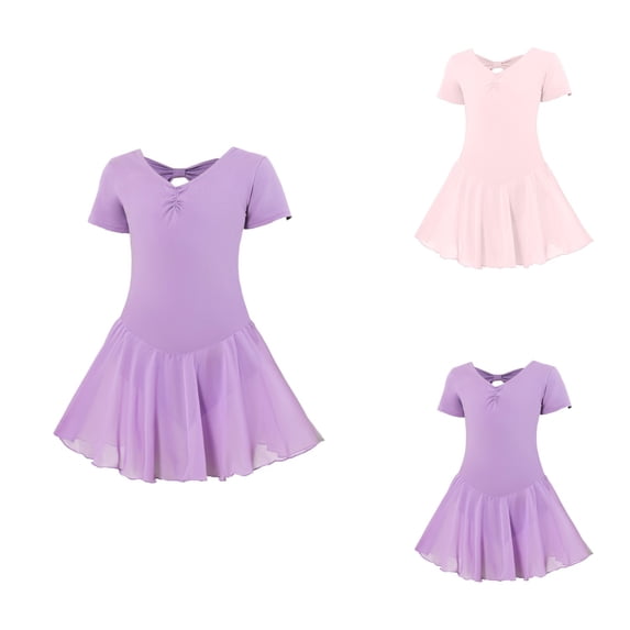 Girls Ballet Dress with Short Sleeves, V-Neck & Criss-Cross Back Leotard Bodysuit and Chiffon Tutu Skirt for Dance, Gymnastics & Ballerina Outfits