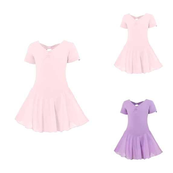 Girls Ballet Dress with Short Sleeves, V-Neck & Criss-Cross Back Leotard Bodysuit and Chiffon Tutu Skirt for Dance, Gymnastics & Ballerina Outfits