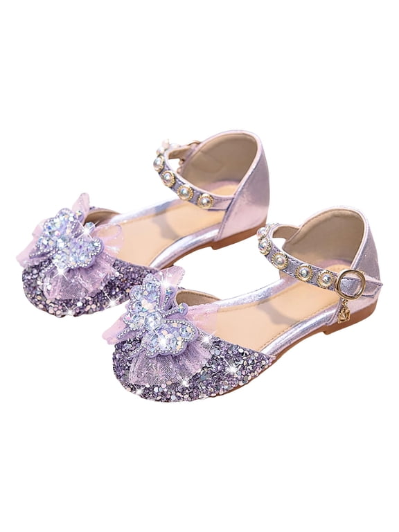 Girls Ballet Flat Sandals Closed Round Toe Mary Jane Dress Slip on Slides Glitter Butterfly Bowknot Shoes for School Party Wedding Purple Size 9 Toddler