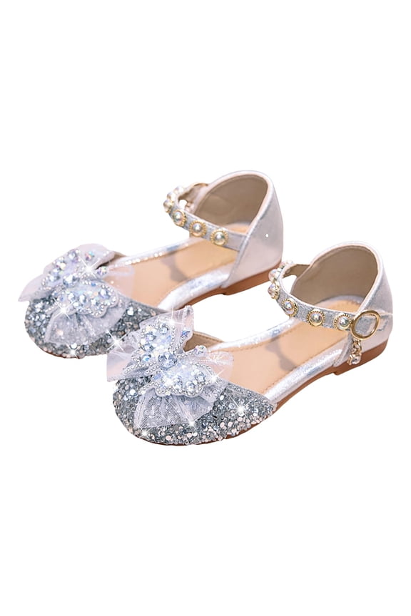Girls Ballet Flat Sandals Closed Round Toe Mary Jane Dress Slip on Slides Glitter Butterfly Bowknot Shoes for School Party Wedding Silver Size 11.5 Little Kid