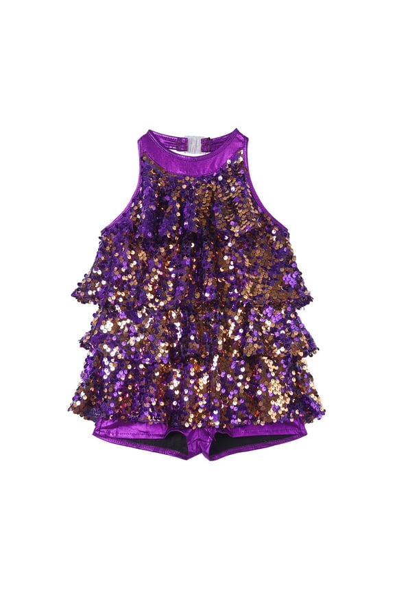 Girls Ballet Jazz Latin Dance Costume Halter Sequins Unitard Dress Stage Performance Clothing Dancewear