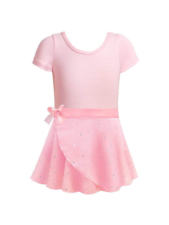 Girls Ballet Leotard Dress Set Short Sleeve Dance Bodysuit with Removable Ruffle Skirt 2 Piece Performance Outfit for Ages 2-12