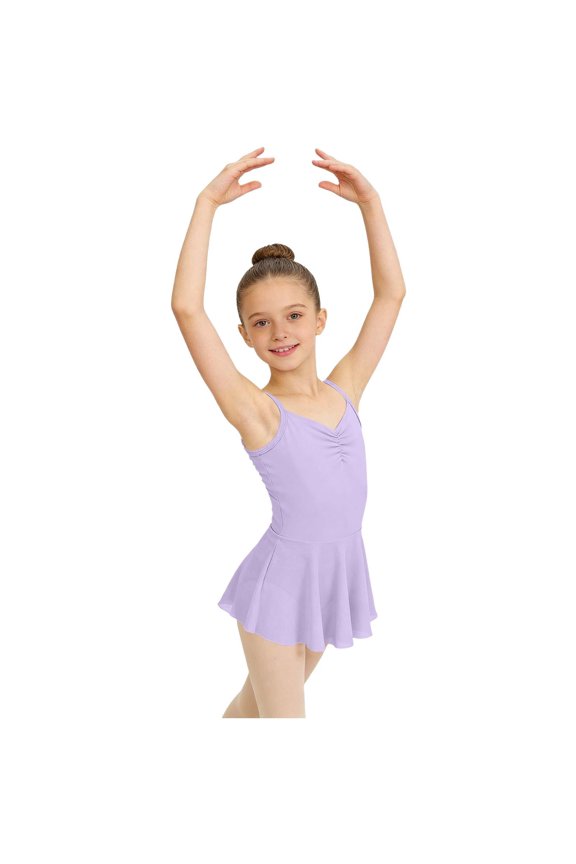Girls Ballet Leotard with Skirt Nylon Spandex Dance Dress V-Neck Ruched Bodice Adjustable Strap Kids Leotard Purple,Size 3-4 T