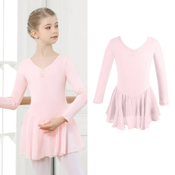 Girls Ballet Leotards Classic Long Sleeve Pink Ballet Leotards for Girls with Skirt Kids Ballet Outfit Leotard Girls 8-9 Years