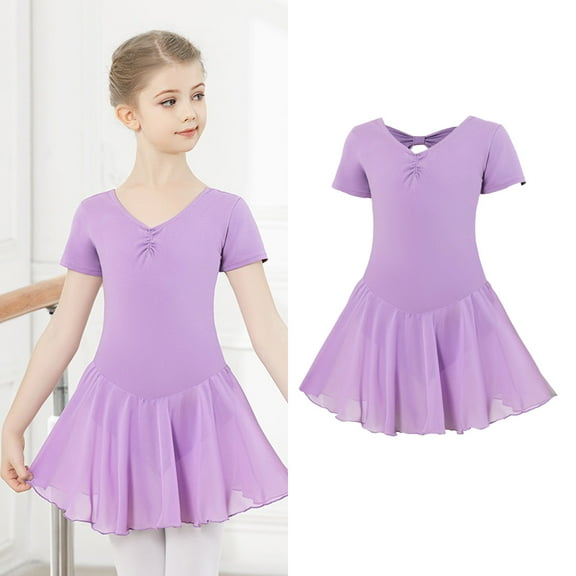 Girls Ballet Leotards Classic Short Sleeve Purple Girls Leotard with Glitter Skirt Ballet Outfit Teens 12-16 Years Ballet Leotard