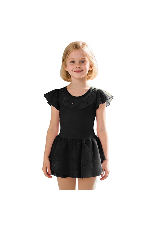 Girls Ballet Romper Sparkly Skirt Short Sleeve Dance Practice Performance Leotard