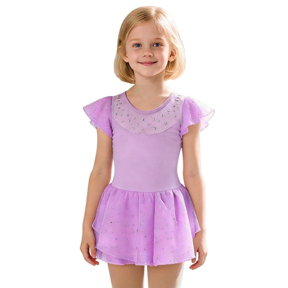 Girls Ballet Romper Sparkly Skirt Short Sleeve Dance Practice Performance Leotard