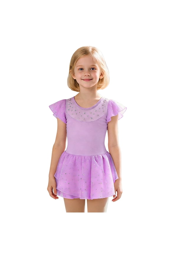 Girls Ballet Romper Sparkly Skirt Short Sleeve Dance Practice Performance Leotard