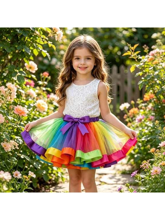 Girls Ballet Tutu Skirt Rainbow Layered Tulle Princess Skirt, Bow Knot Elastic Waist Colorful Tutu, Kids Dance Costumes