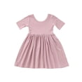 thumbnail image 1 of Girls Bamboo Fiber Short Sleeve Dress, Solid Color Scoop Neck Pleated Swing Sundress, Ins Style Breathable Summer Dress for Kids(Light Pink,6-12 Months), 1 of 4