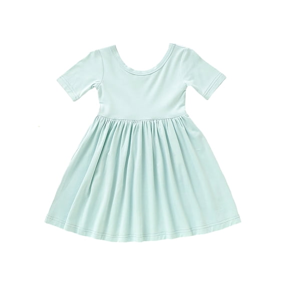 Girls Bamboo Fiber Short Sleeve Dress, Solid Color Scoop Neck Pleated Swing Sundress, Ins Style Breathable Summer Dress for Kids(Mint Green,2-3 Years)